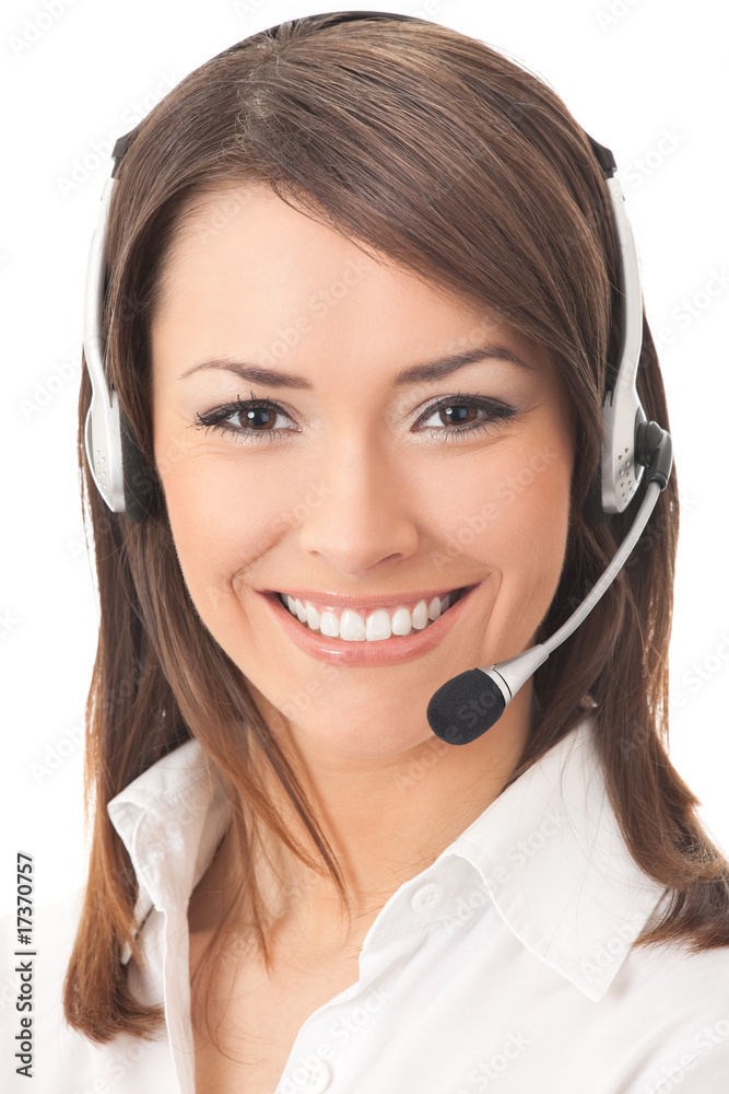 Support phone operator in headset, isolated on white Support phone operator in headset, isolated on white