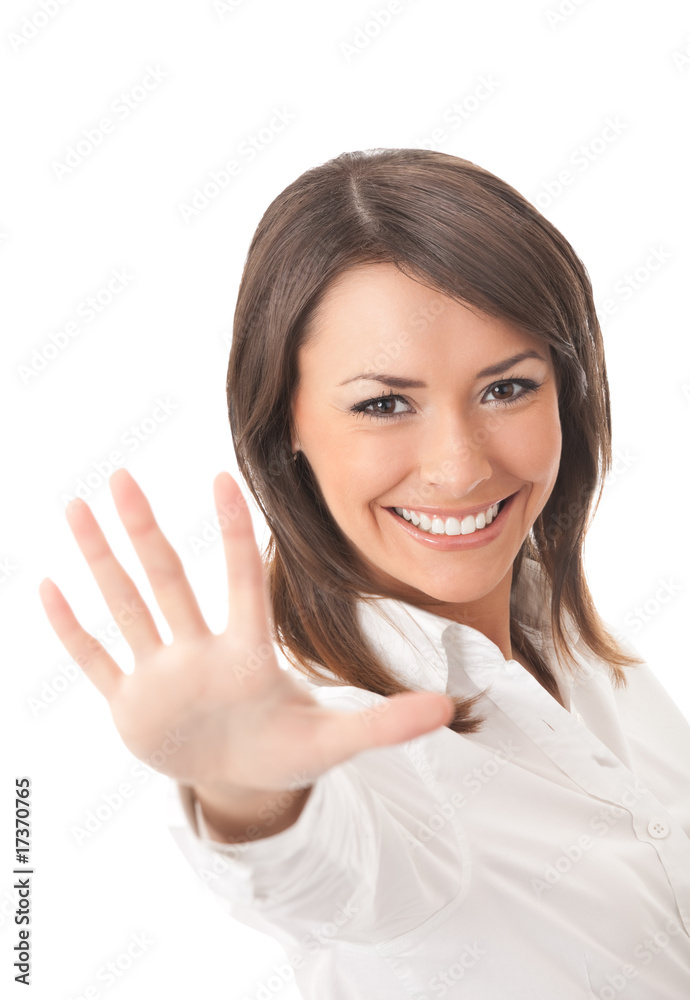 Young happy gesturing businesswoman, isolated on white Young happy gesturing businesswoman, isolated on white
