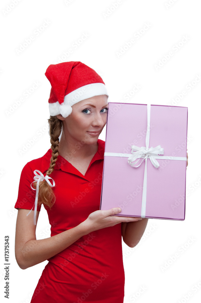 Joyful Santa helper with pink present box Joyful Santa helper with pink present box
