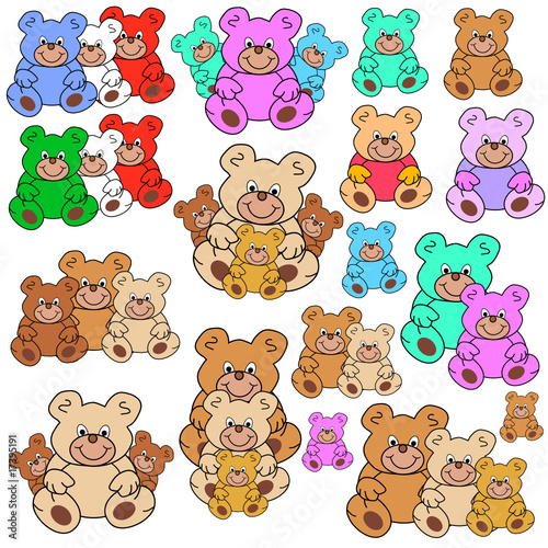 teddybaeren in verschiedenen Farben, Grössen und Gruppen