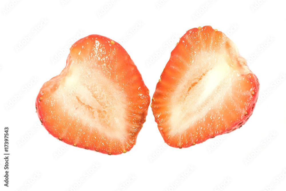 Closeup of two halves of a strawberry (isolated on white) Closeup of two halves of a strawberry (isolated on white)