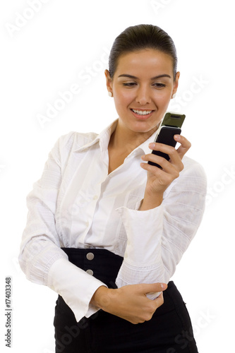 Image of pretty woman holding her mobile