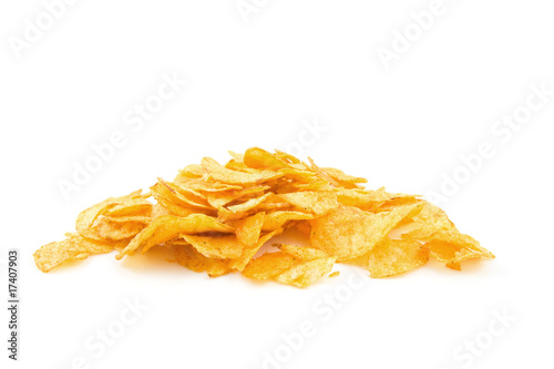 Pile of potato chips over white background