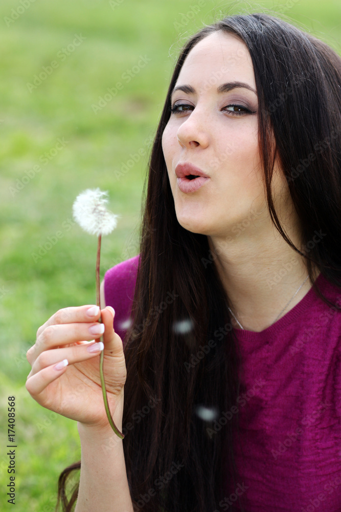young woman blowing on the dandelion . young woman blowing on the dandelion .