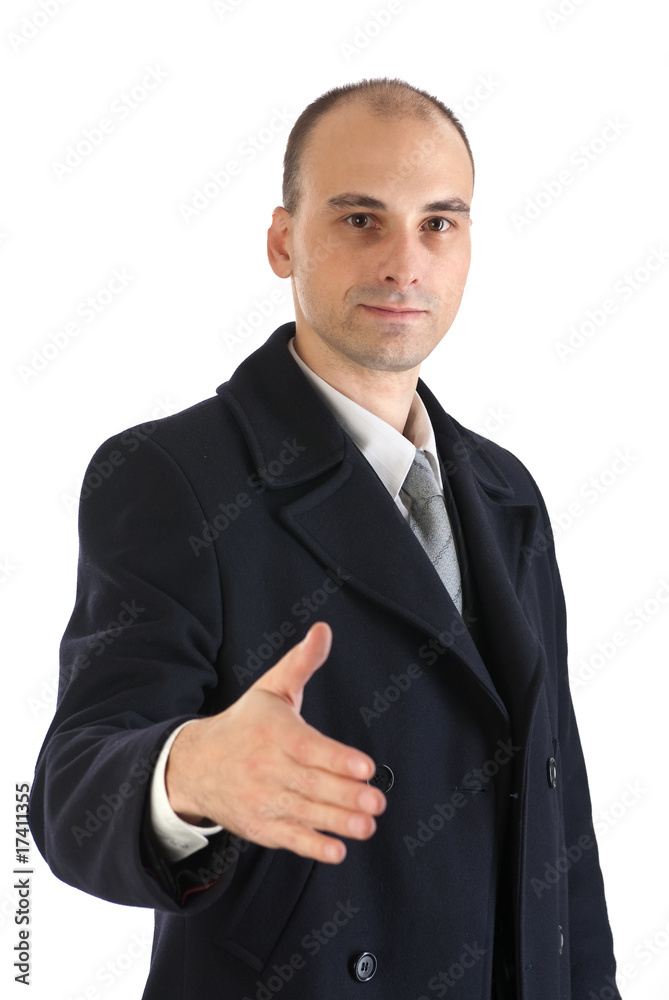 business man in a coat offering a handshake. Isolated on white business man in a coat offering a handshake. Isolated on white