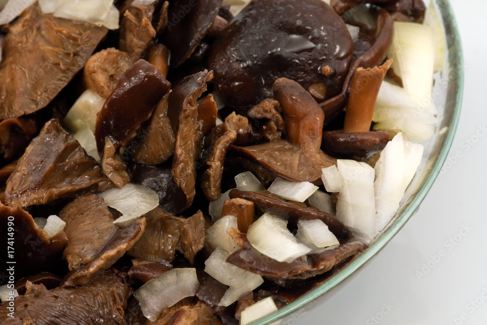 Salted mushrooms in glass dish Salted mushrooms in glass dish
