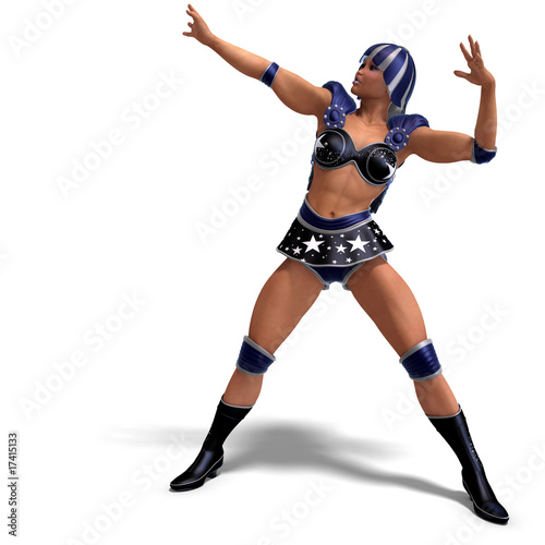 female super hero in black and blue outfit