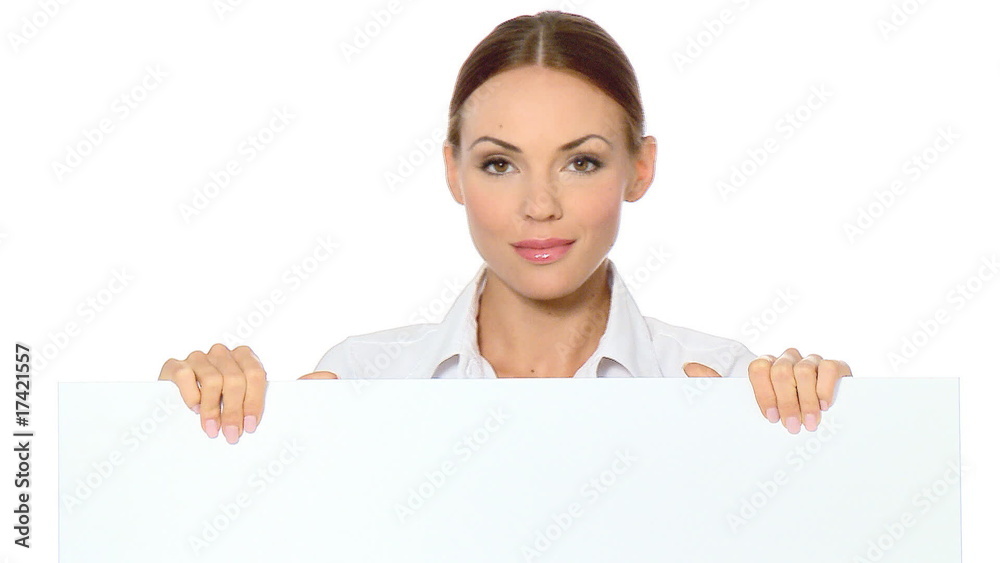 Beautiful business woman holding empty white board Beautiful business woman holding empty white board