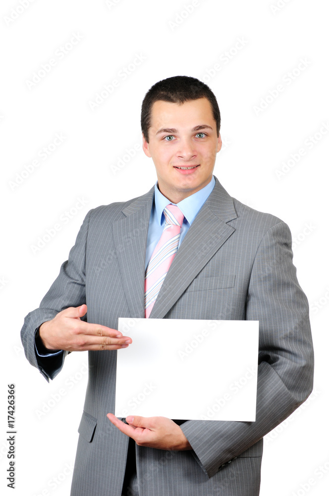 Young man holding a blank banner isolated on white Young man holding a blank banner isolated on white