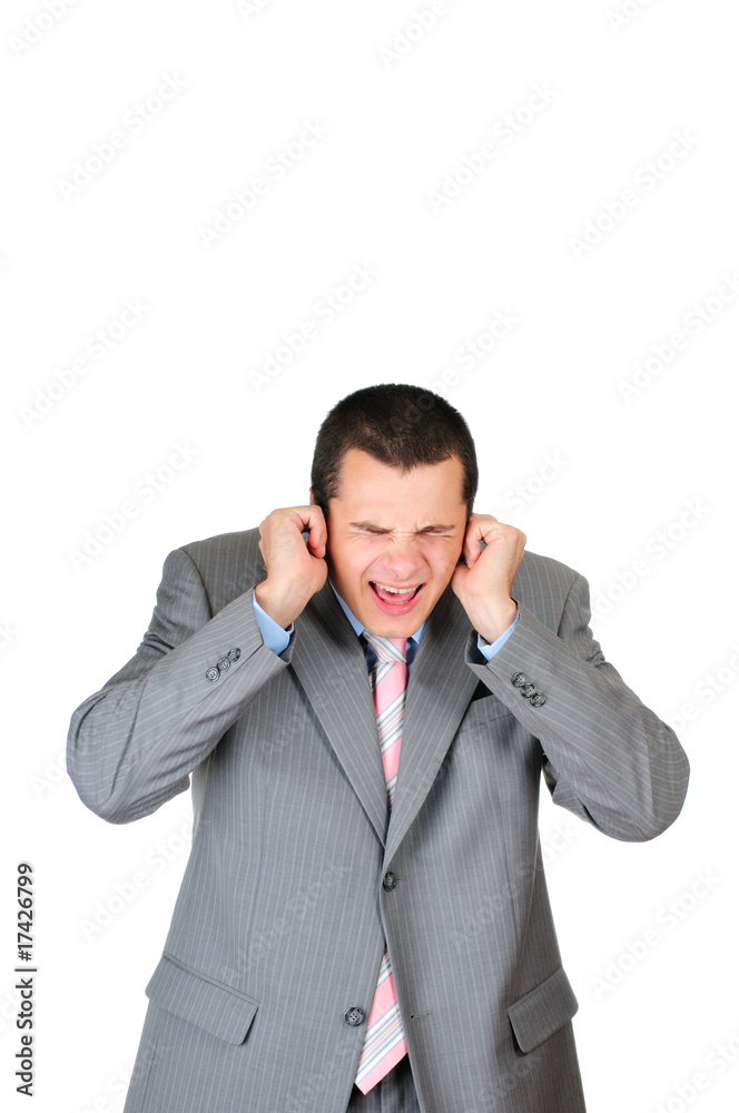 Stressed businessman is shut up his ears isolated on white Stressed businessman is shut up his ears isolated on white