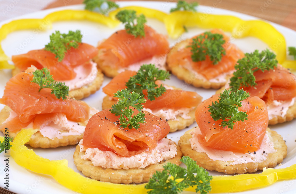 Smoked salmon and cream cheese on crackers Smoked salmon and cream cheese on crackers