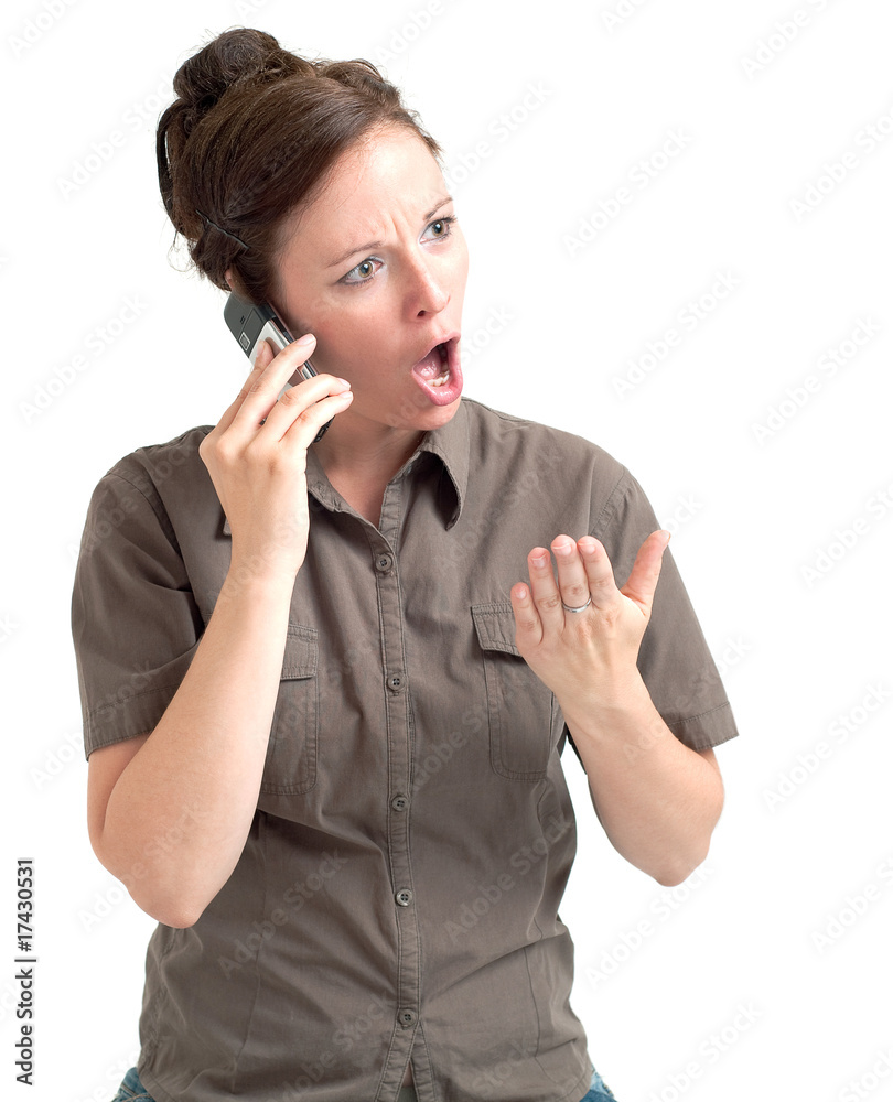 Portrait of fed-up woman discussing by cell phone Portrait of fed-up woman discussing by cell phone
