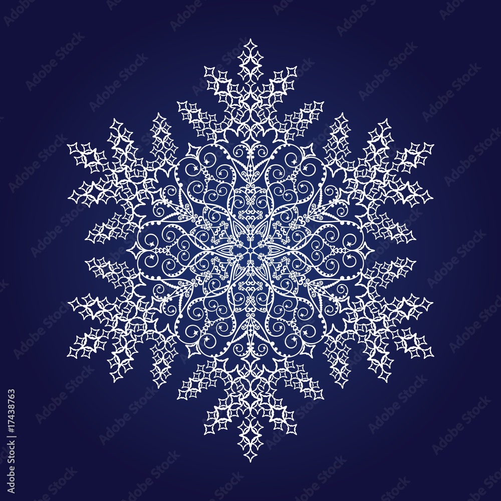 Single detailed snowflake on dark blue background Single detailed snowflake on dark blue background