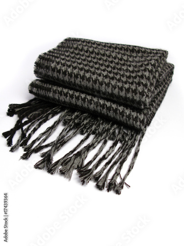 gray and black woolen scarf on white background