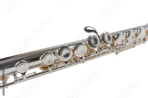 Detail of an Old Silver Flute on White Background