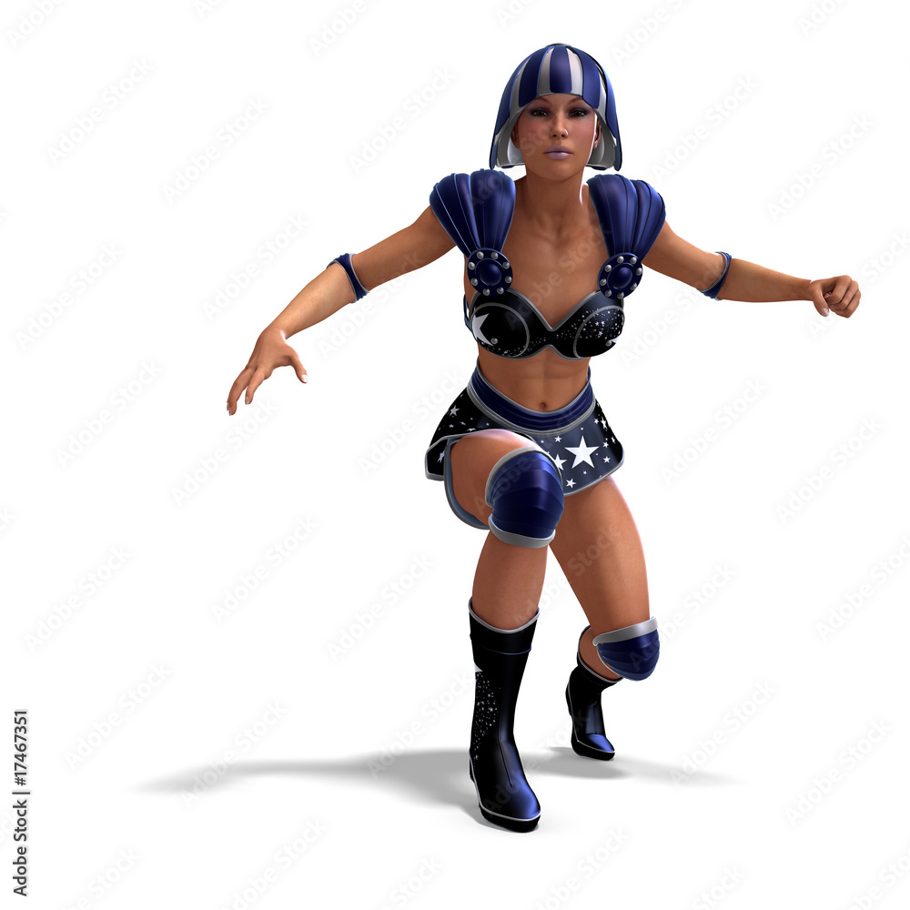 female super hero in black and blue outfit