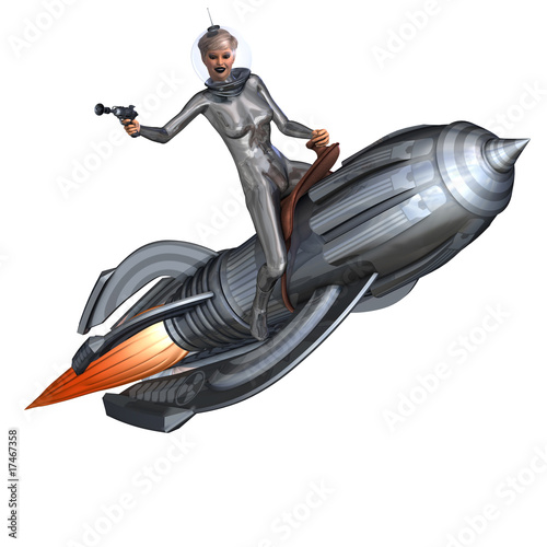 Quadro em tela silver pin-up girl riding on a retro rocket