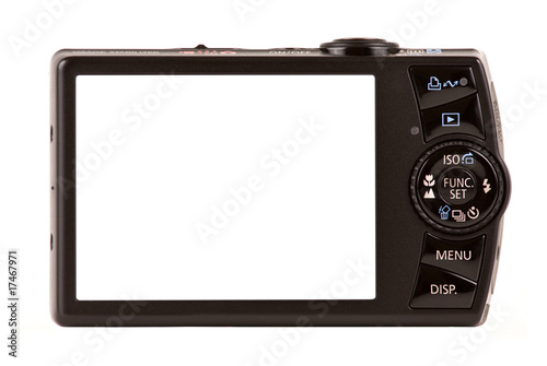 Compact digital camera rear view isolated on white
