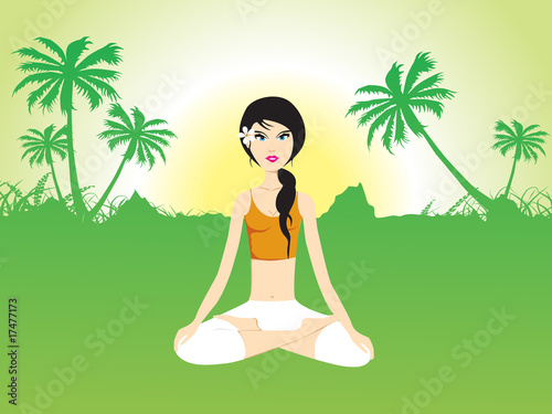 female doing yoga on green invirement