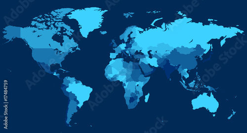 World map with countries on blue background photo