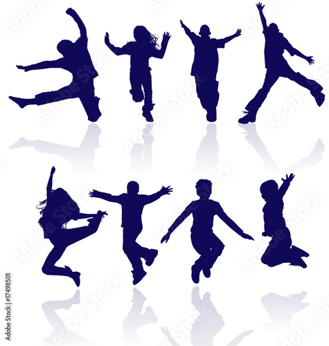 Boys and girls jumping vector silhouette with reflections.