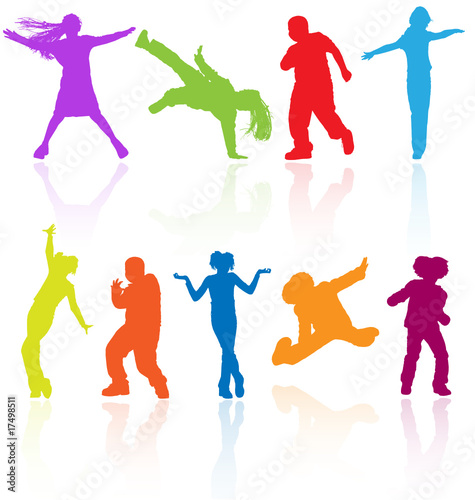 Set of colored dancing, jumping and posing teenagers vector.