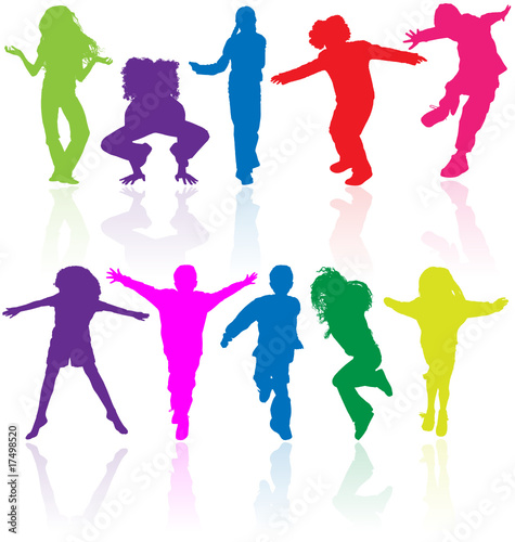 Set of colored active children vector silhouettes.