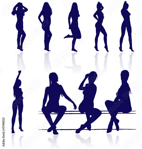 Vector silhouettes of sexy female posing with reflections.