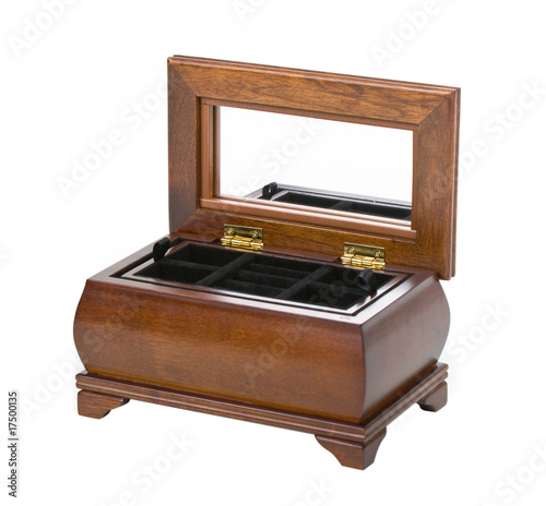 fancy open wooden box over white background