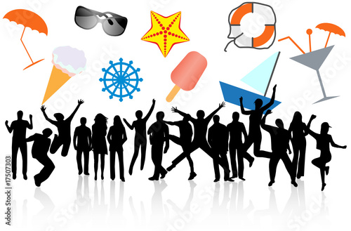 Illustration of summer icons and people jumping