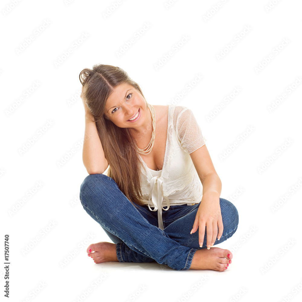 cheerful young woman in jeans
