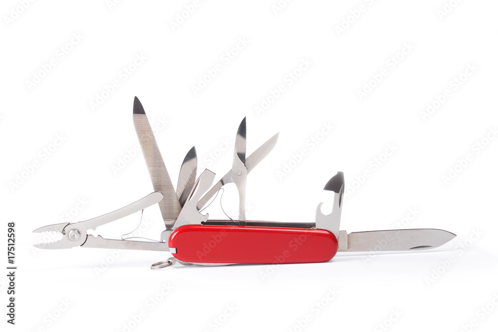 Red Swiss army knife tool isolated on white Red Swiss army knife tool isolated on white