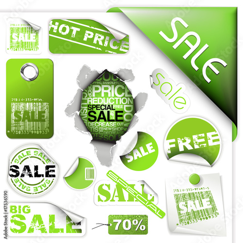 Set of green sale tickets and labels