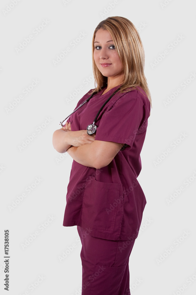 Nurse in maroon scrubs
