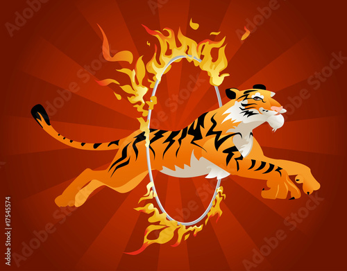 Tiger jumping through a hoop of fire.