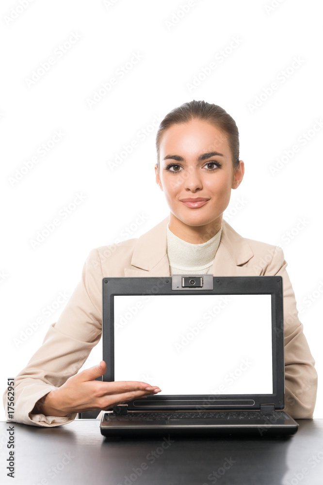 Photo of showing businesswoman with laptop, isolated Photo of showing businesswoman with laptop, isolated