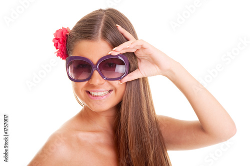 happy sunburnt girl in sunglasses