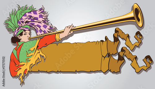 The medieval herald blowing against a fluttering banner