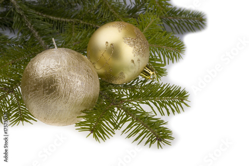 Branch spruce(natural) and Christmas ball, candle.