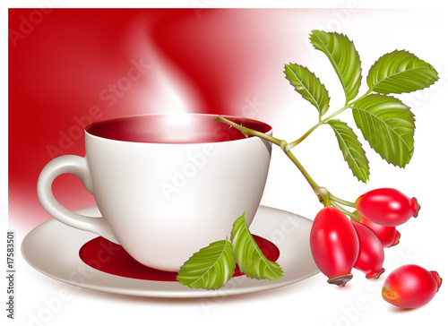 Vector illustration. Cup of tea and ripe rose hip .