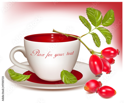 Vector illustration. Cup of tea and ripe rose hip .