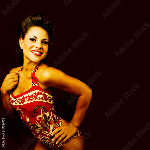 Photography slender brunette in swimsuit