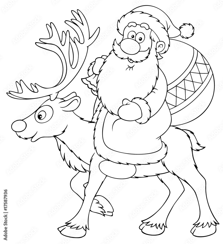 Santa Claus riding on the reindeer (black and white drawing) Stock ...