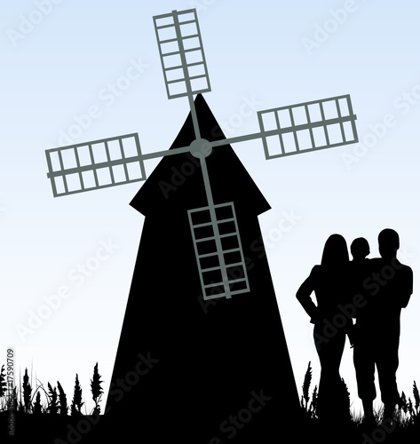 Illustration of family and windmill
