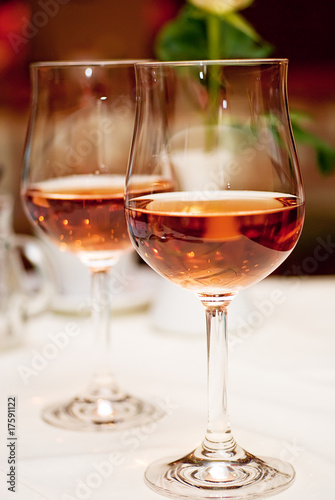 Two glasses of wine at restaurant closeup