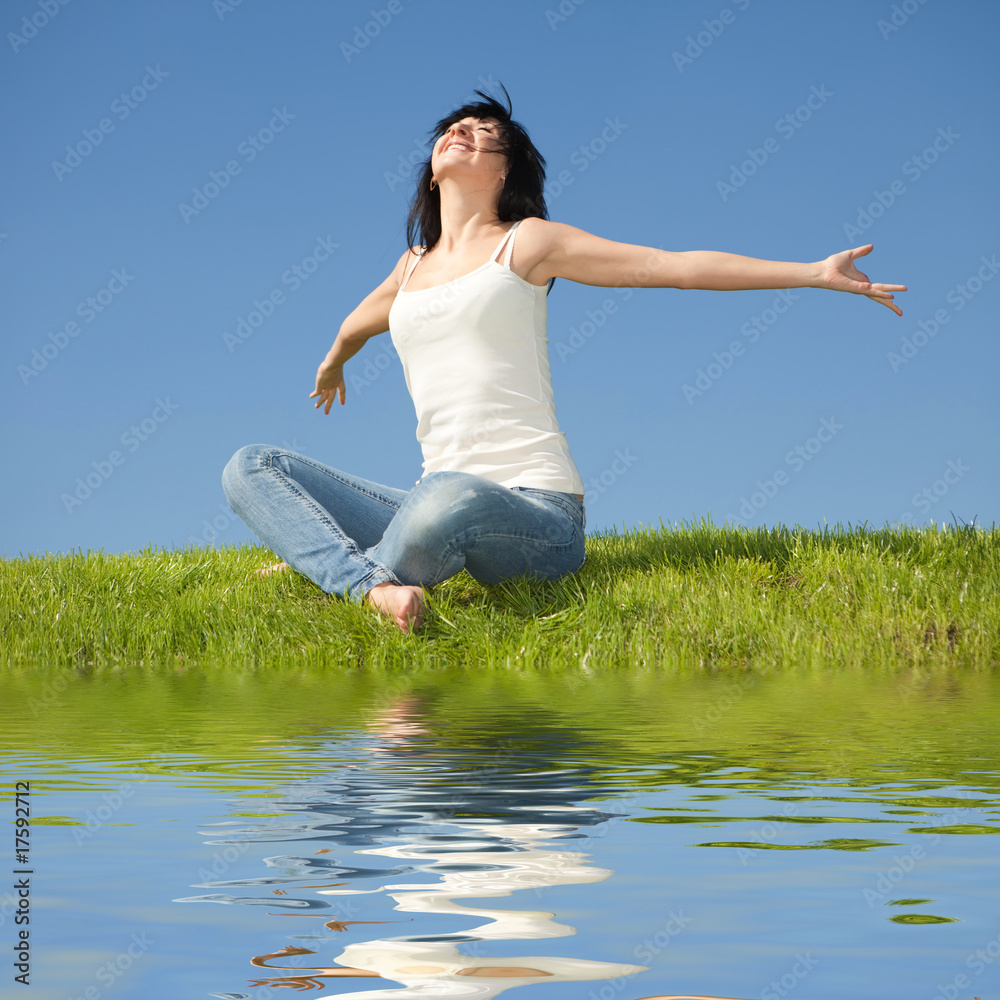 happy young woman dreams to fly on winds happy young woman dreams to fly on winds