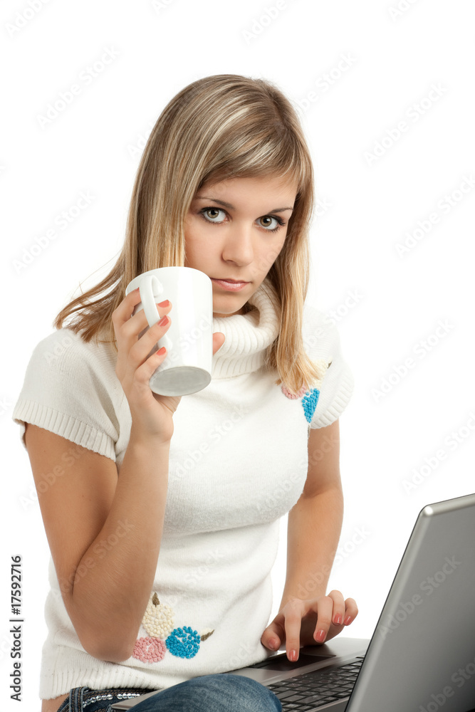 woman with laptop computer, and cup of coffee woman with laptop computer, and cup of coffee