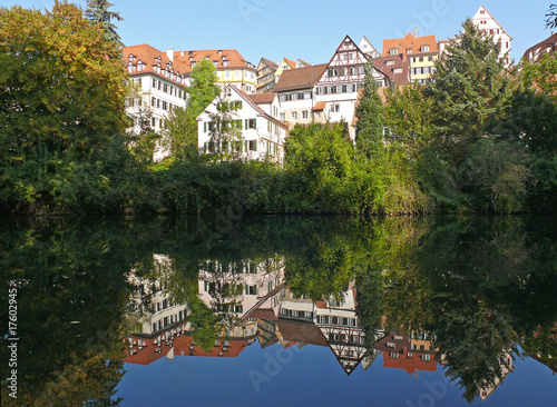Häuser spiegeln sich im Neckar