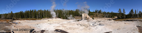 Panorama of area around Giant Geyser cone in Yellowstone NP