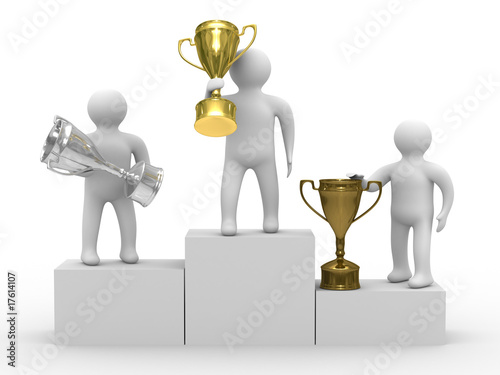 winners with cups on white background. Isolated 3D image photo